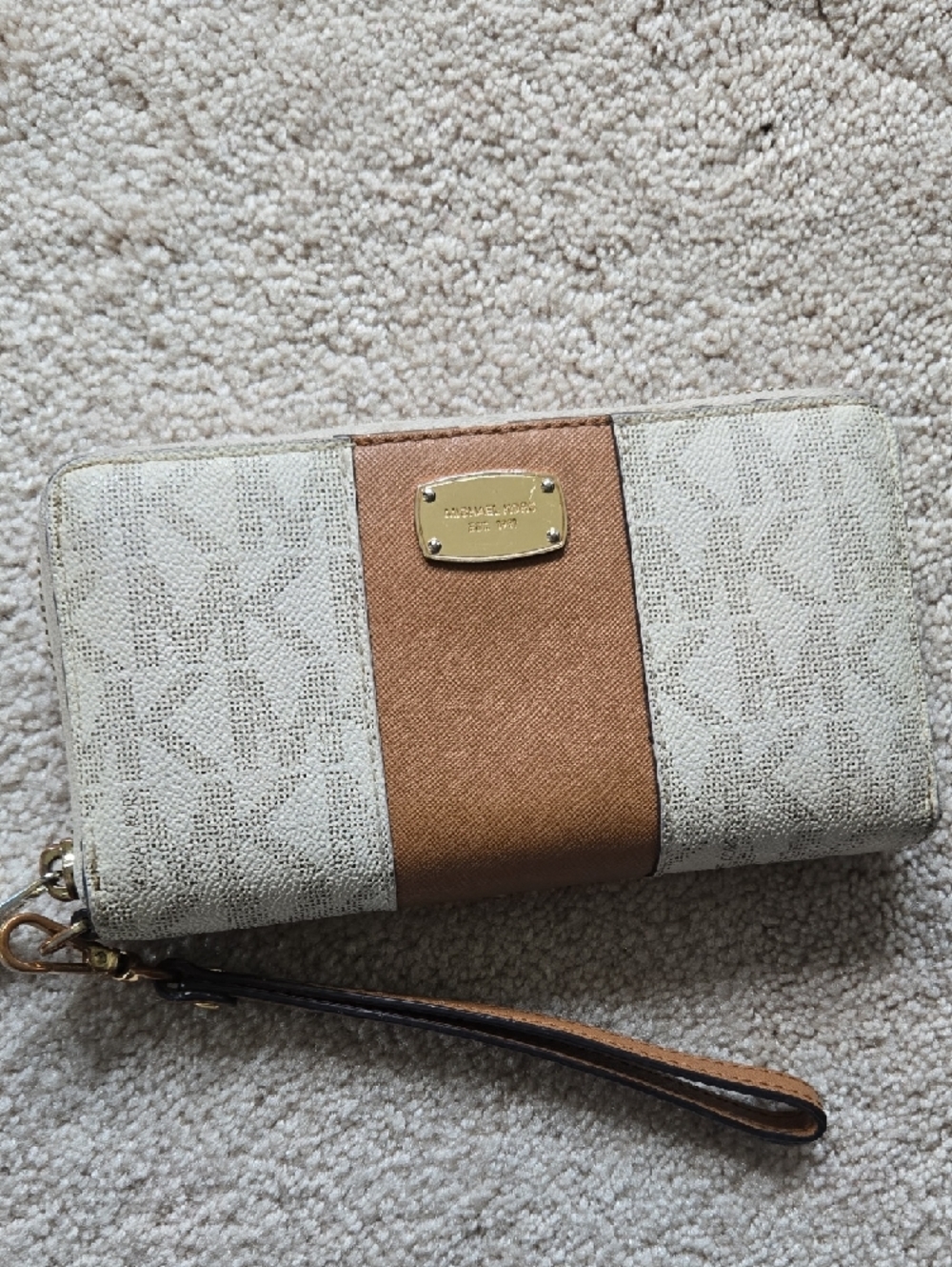 Michael Kors Beige and Brown Monogram Zip Wristlet with Gold Plate